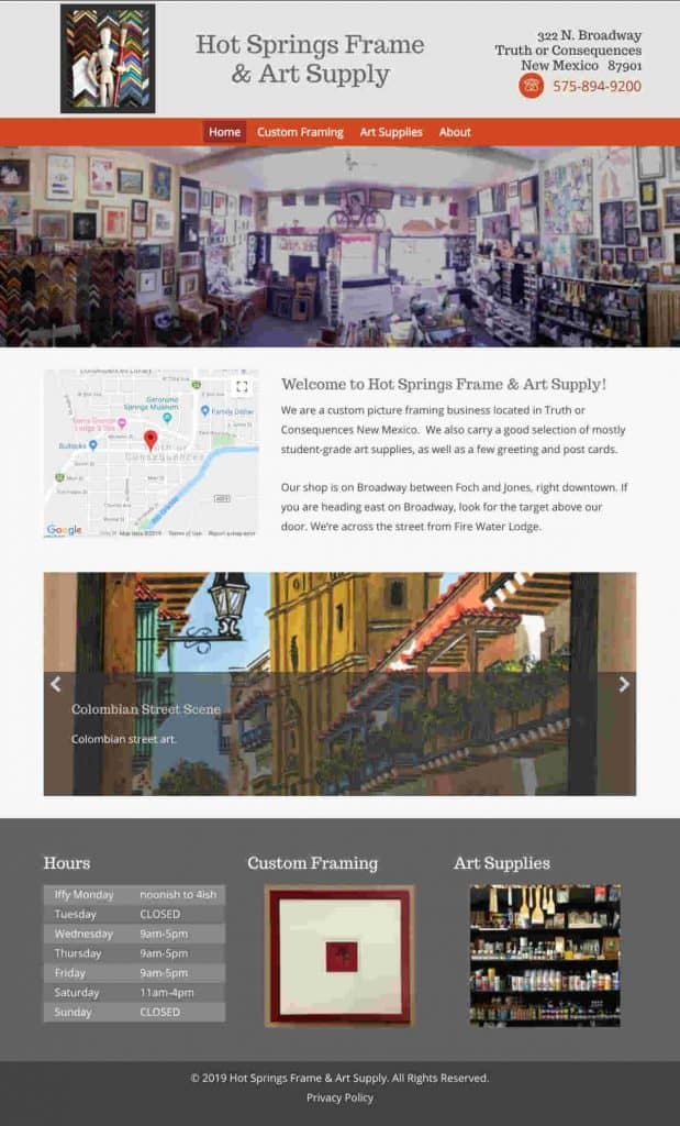 website for Hot Springs Frame & Art Supply, Truth or Consequences NM